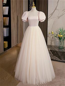 Picture of Light Champagne Tulle with Light Pink Satin Formal Dresses, A-line Long Formal Dresses